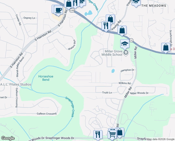 map of restaurants, bars, coffee shops, grocery stores, and more near 2276 Ramblewood Circle in Decatur