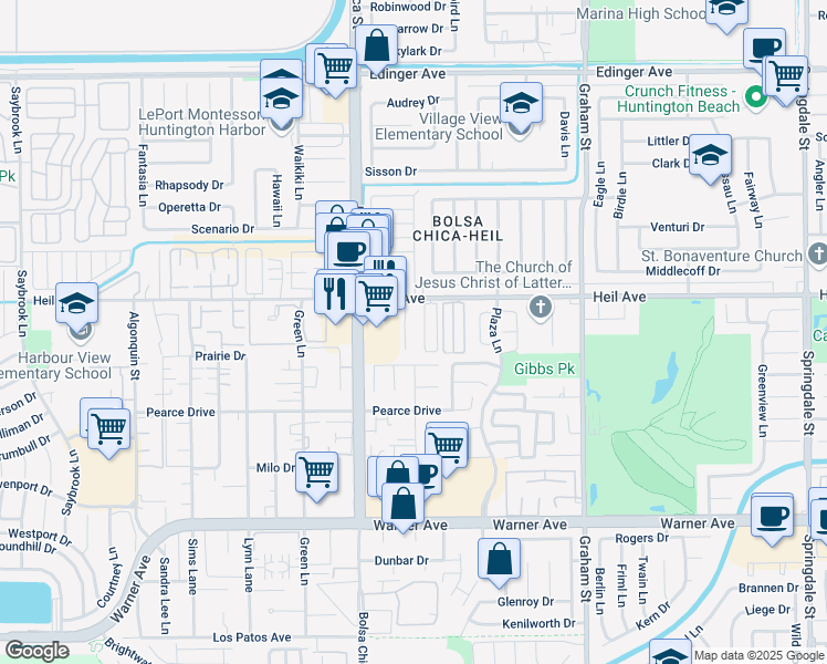 map of restaurants, bars, coffee shops, grocery stores, and more near 16572 Regina Circle in Huntington Beach