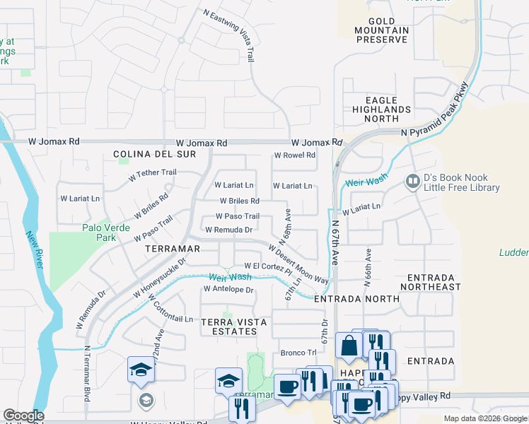 map of restaurants, bars, coffee shops, grocery stores, and more near 6842 West Paso Trail in Peoria
