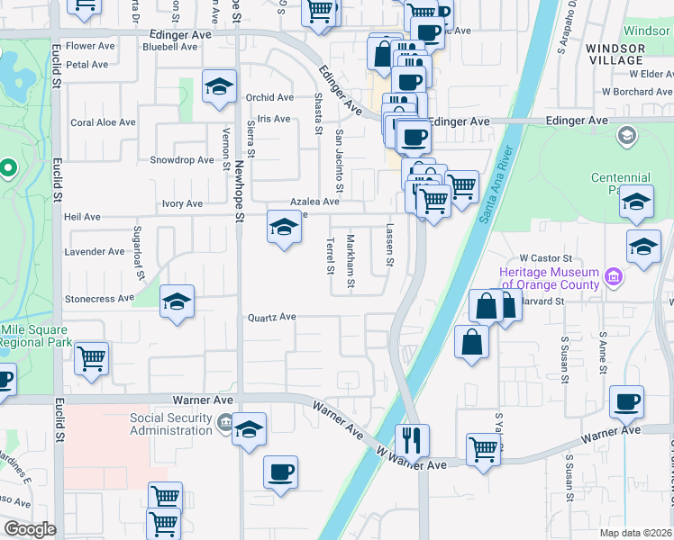 map of restaurants, bars, coffee shops, grocery stores, and more near 16654 Terrel Street in Fountain Valley
