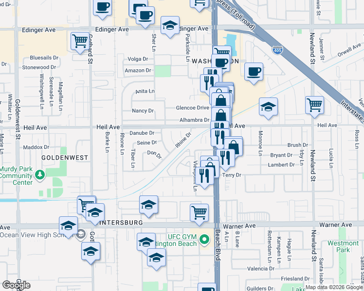 map of restaurants, bars, coffee shops, grocery stores, and more near 7822 Rhine Drive in Huntington Beach