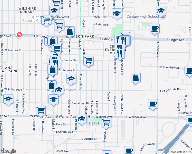map of restaurants, bars, coffee shops, grocery stores, and more near 2024 South Hickory Street in Santa Ana