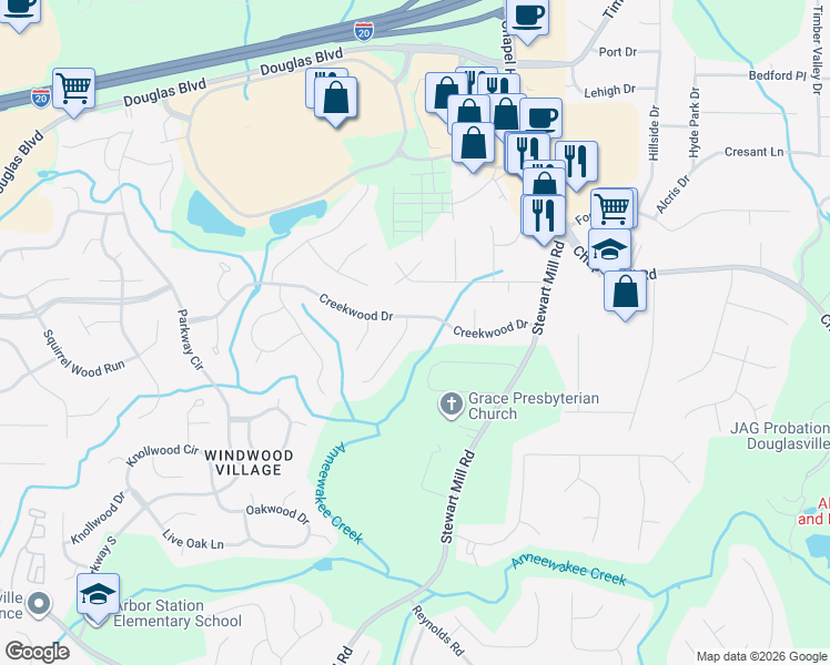map of restaurants, bars, coffee shops, grocery stores, and more near 8603 Stone Creek Court in Douglasville