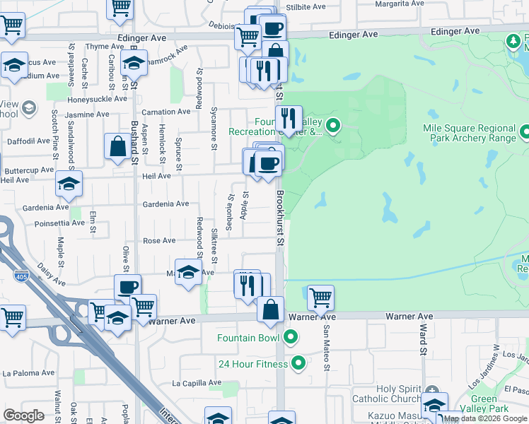 map of restaurants, bars, coffee shops, grocery stores, and more near 9960 Aster Circle in Fountain Valley