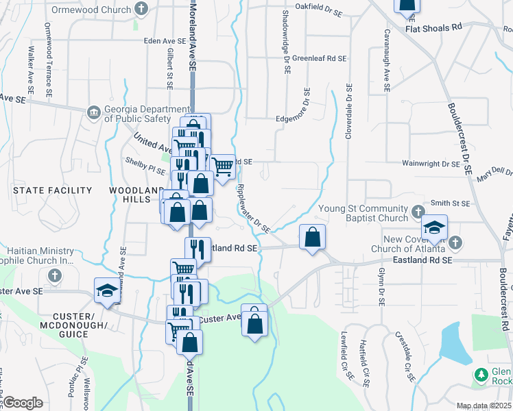 map of restaurants, bars, coffee shops, grocery stores, and more near 2344 Ripplewater Drive Southeast in Atlanta