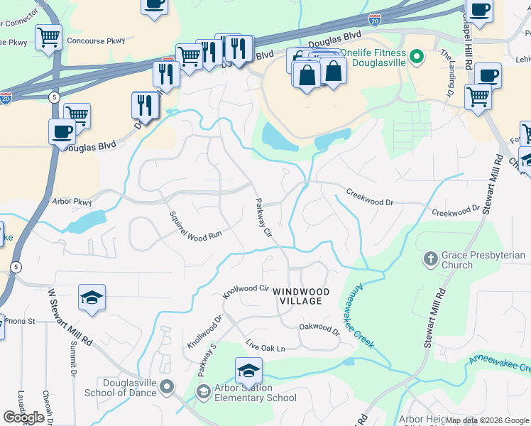 map of restaurants, bars, coffee shops, grocery stores, and more near 6802 Creekwood Drive in Douglasville