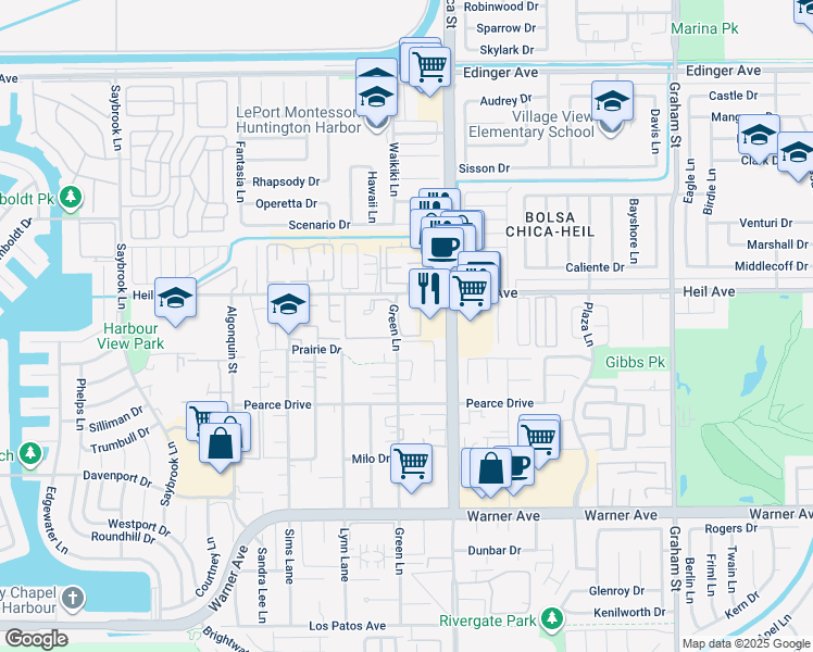 map of restaurants, bars, coffee shops, grocery stores, and more near 16581 Grunion Lane in Huntington Beach