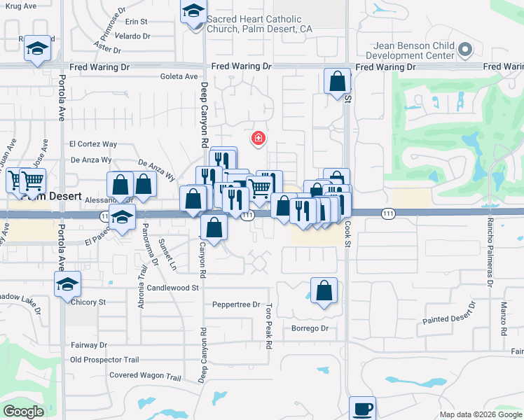 map of restaurants, bars, coffee shops, grocery stores, and more near 74724 California 111 in Palm Desert