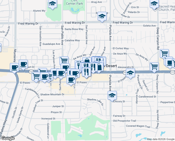 map of restaurants, bars, coffee shops, grocery stores, and more near Palm Desert Drive North in Palm Desert