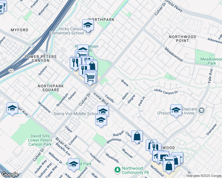 map of restaurants, bars, coffee shops, grocery stores, and more near 18 Calandria in Irvine