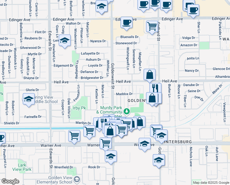 map of restaurants, bars, coffee shops, grocery stores, and more near 16582 Goldenwest Street in Huntington Beach
