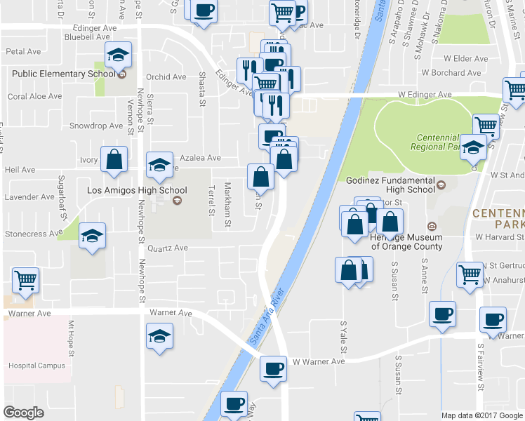 map of restaurants, bars, coffee shops, grocery stores, and more near 16652 Lassen Street in Fountain Valley