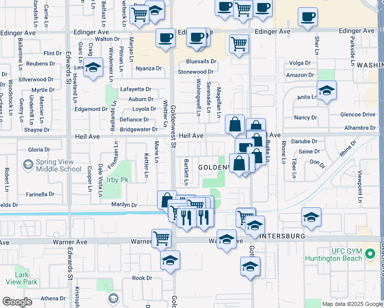 map of restaurants, bars, coffee shops, grocery stores, and more near 16581 Kellog Circle in Huntington Beach