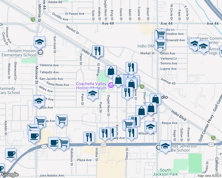 map of restaurants, bars, coffee shops, grocery stores, and more near 82616 Miles Avenue in Indio
