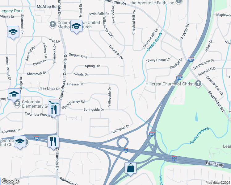 map of restaurants, bars, coffee shops, grocery stores, and more near 2295 Springside Way in Decatur