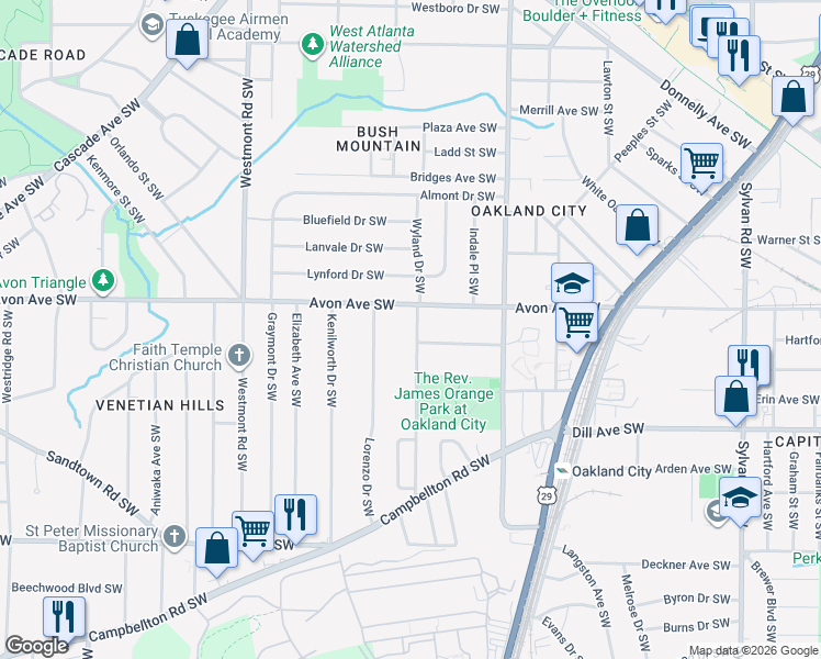 map of restaurants, bars, coffee shops, grocery stores, and more near 1227 Epworth Street Southwest in Atlanta