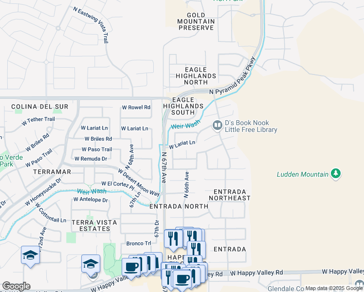 map of restaurants, bars, coffee shops, grocery stores, and more near 6605 West Lariat Lane in Phoenix