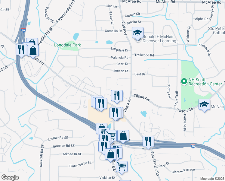 map of restaurants, bars, coffee shops, grocery stores, and more near 1933 Shawn Wayne Circle Southeast in Atlanta