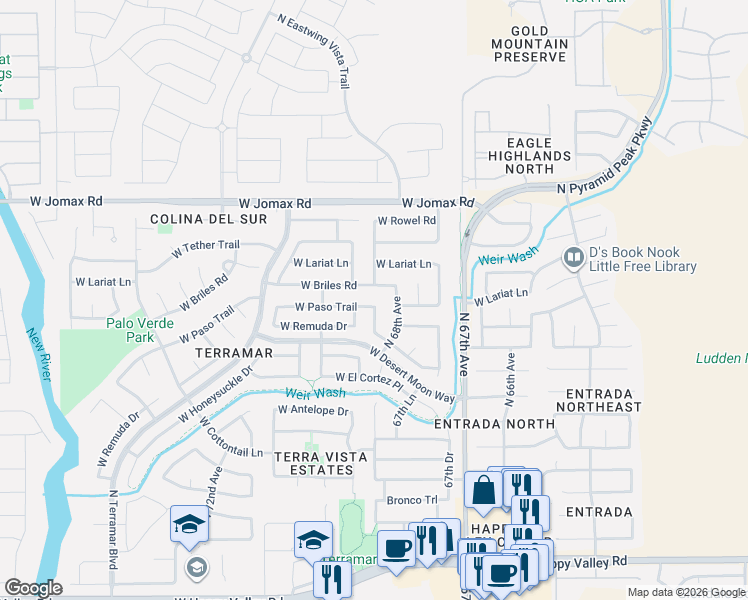 map of restaurants, bars, coffee shops, grocery stores, and more near 6842 West Paso Trail in Peoria