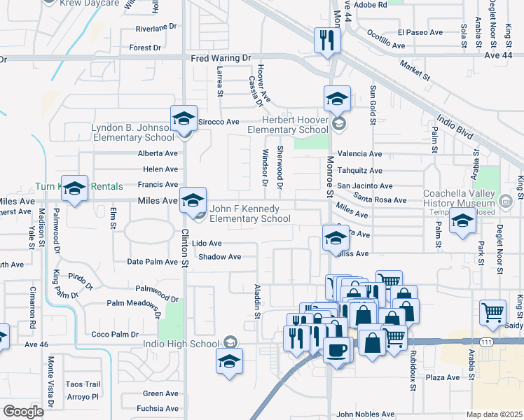 map of restaurants, bars, coffee shops, grocery stores, and more near 68443 Paseo Real Avenue in Indio