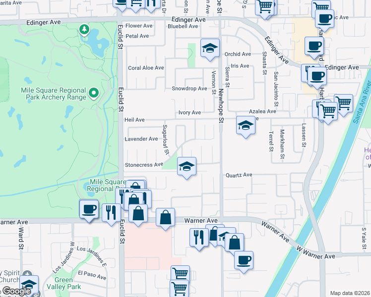 map of restaurants, bars, coffee shops, grocery stores, and more near 16644 Coriender Avenue in Fountain Valley