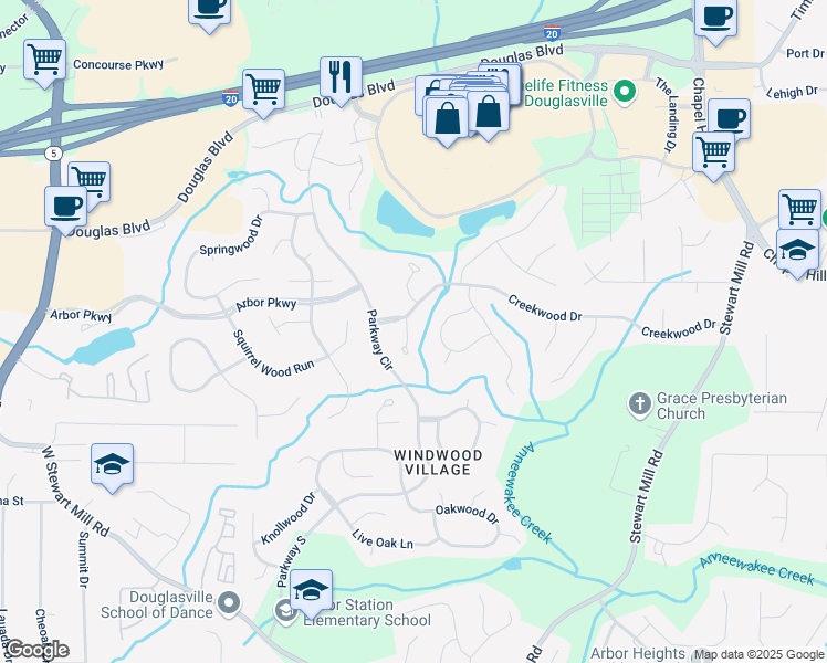 map of restaurants, bars, coffee shops, grocery stores, and more near 8605 Dogwood Court in Douglasville