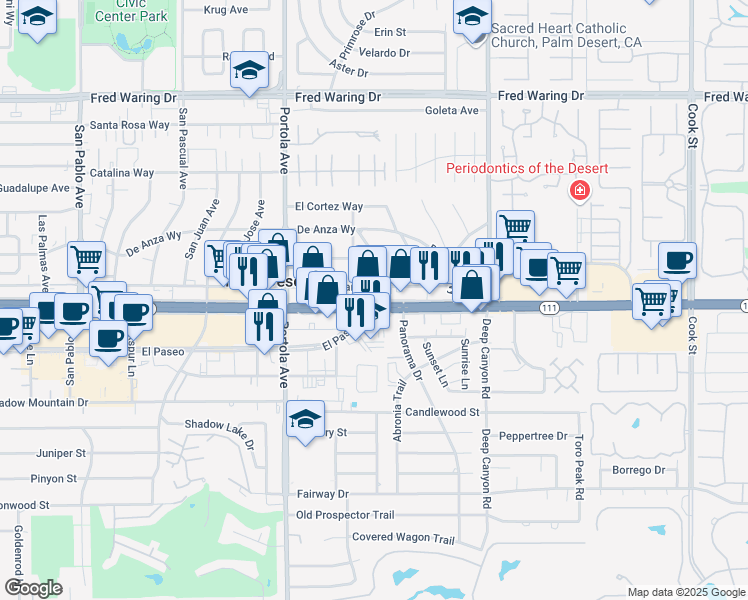map of restaurants, bars, coffee shops, grocery stores, and more near 74210 California 111 in Palm Desert