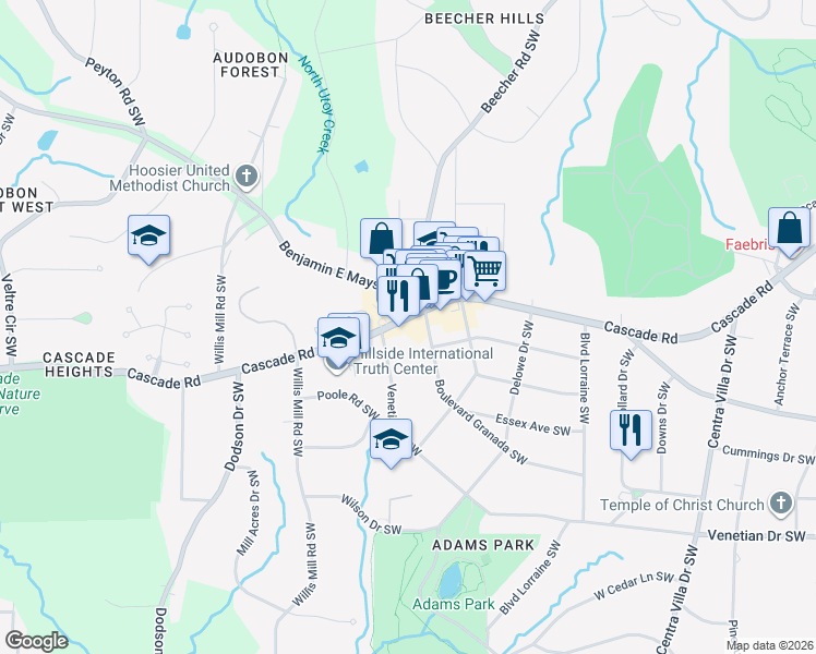 map of restaurants, bars, coffee shops, grocery stores, and more near 2334 Cascade Road Southwest in Atlanta
