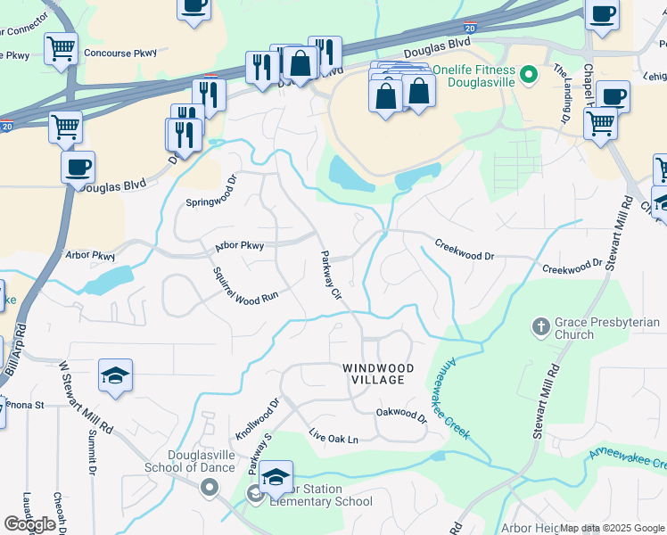 map of restaurants, bars, coffee shops, grocery stores, and more near 6802 Creekwood Drive in Douglasville