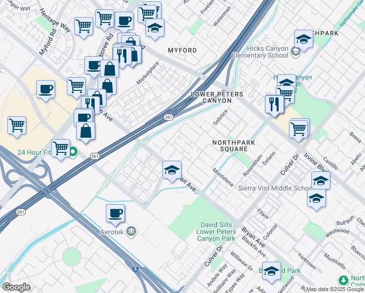 map of restaurants, bars, coffee shops, grocery stores, and more near 16 Evensen in Irvine