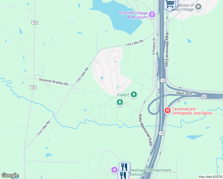 map of restaurants, bars, coffee shops, grocery stores, and more near 3849 Iron Ore Drive in Denison