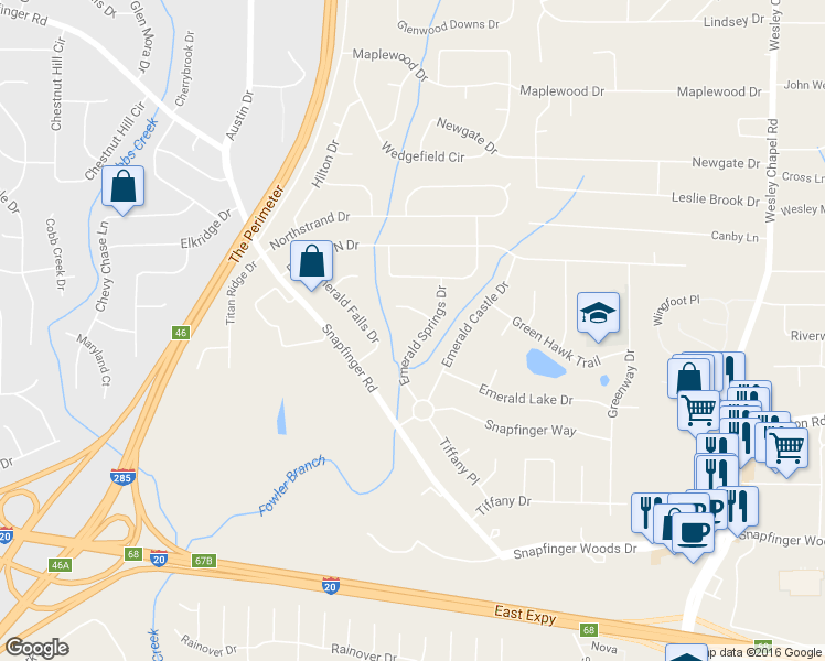 map of restaurants, bars, coffee shops, grocery stores, and more near 2283 Emerald Springs Drive in Decatur