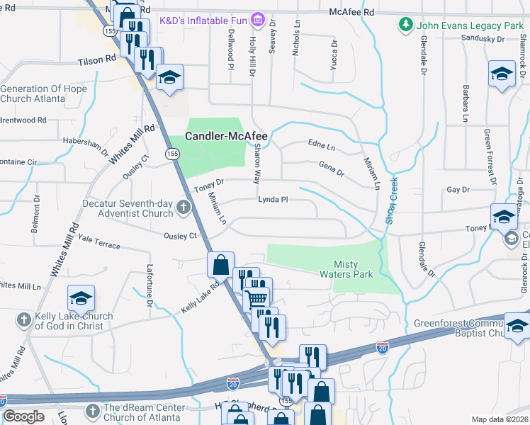 map of restaurants, bars, coffee shops, grocery stores, and more near 2864 Valley Ridge Drive in Decatur