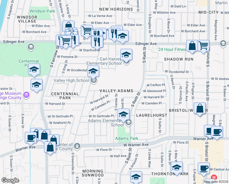 map of restaurants, bars, coffee shops, grocery stores, and more near 1914 South Center Street in Santa Ana