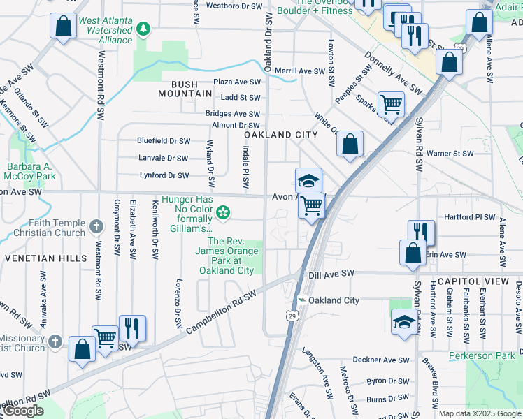 map of restaurants, bars, coffee shops, grocery stores, and more near 1223 Oakland Drive Southwest in Atlanta