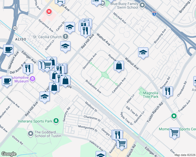 map of restaurants, bars, coffee shops, grocery stores, and more near 14802 Briarcliff Place in Tustin