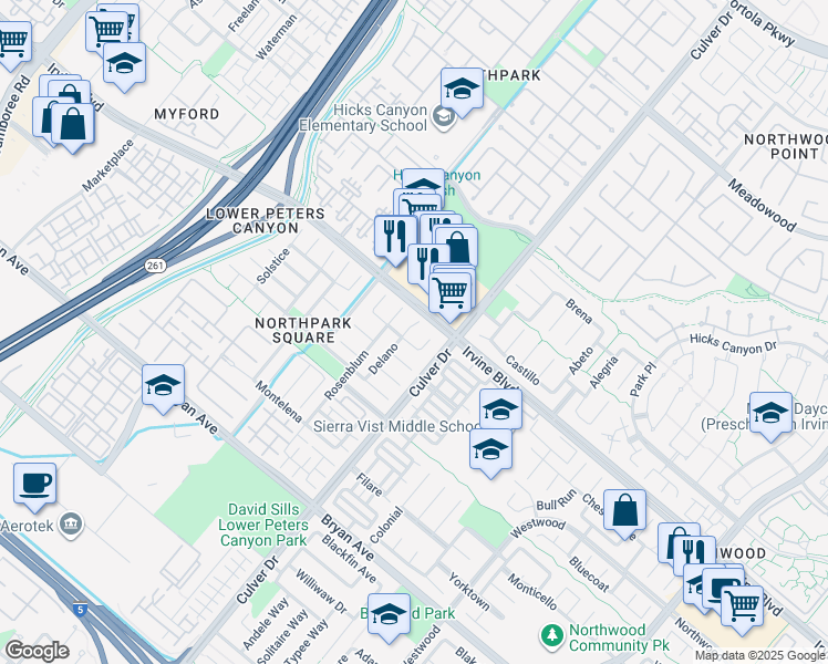 map of restaurants, bars, coffee shops, grocery stores, and more near 10 Delano in Irvine