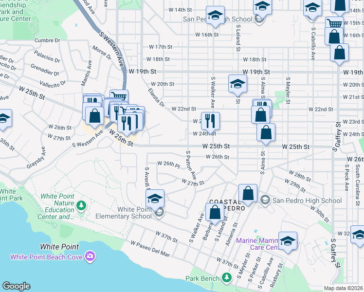 map of restaurants, bars, coffee shops, grocery stores, and more near West 25th Street in Los Angeles