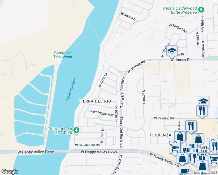 map of restaurants, bars, coffee shops, grocery stores, and more near 10743 West Lariat Lane in Peoria