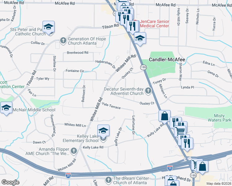 map of restaurants, bars, coffee shops, grocery stores, and more near 2366 Ousley Court in Decatur