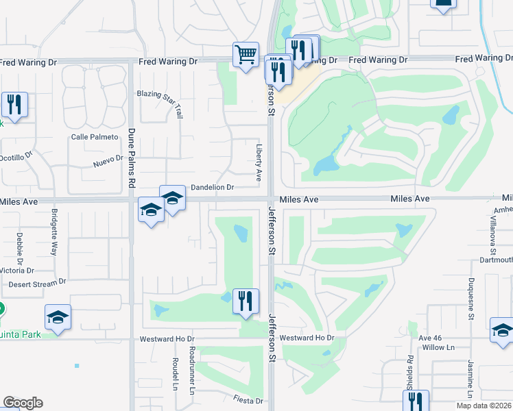 map of restaurants, bars, coffee shops, grocery stores, and more near 79960 Bethpage Avenue in Indio