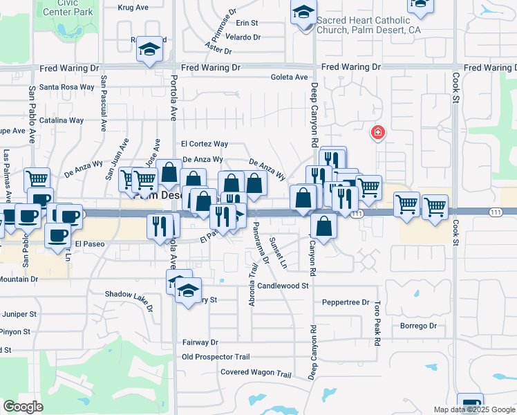 map of restaurants, bars, coffee shops, grocery stores, and more near 74280 Palm Desert Drive North in Palm Desert