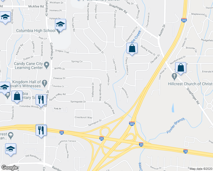 map of restaurants, bars, coffee shops, grocery stores, and more near 2289 Troutdale Drive in Decatur