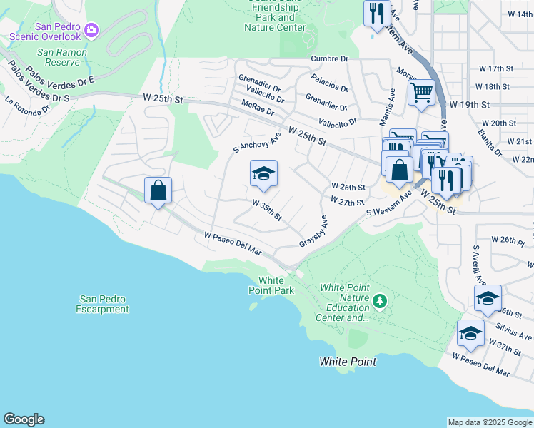 map of restaurants, bars, coffee shops, grocery stores, and more near 2037 West 35th Street in Los Angeles