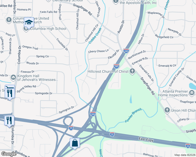 map of restaurants, bars, coffee shops, grocery stores, and more near 2290 Sterling Ridge Road in Decatur