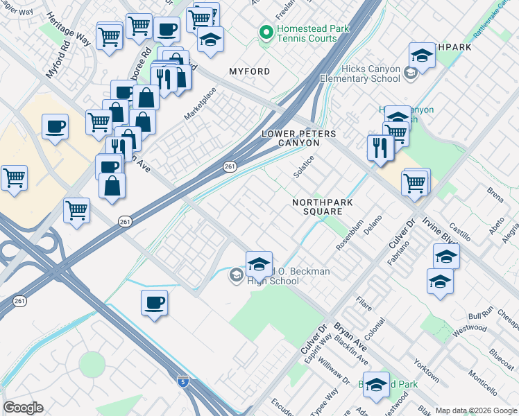 map of restaurants, bars, coffee shops, grocery stores, and more near 16 Evensen in Irvine