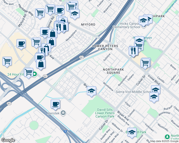 map of restaurants, bars, coffee shops, grocery stores, and more near 16 Evensen in Irvine