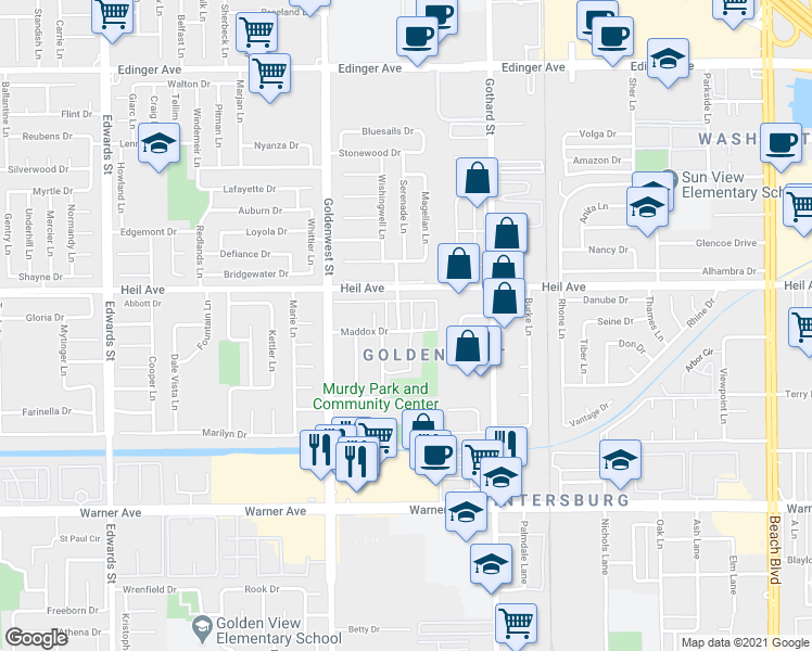 map of restaurants, bars, coffee shops, grocery stores, and more near 16666 Tunstall Lane in Huntington Beach