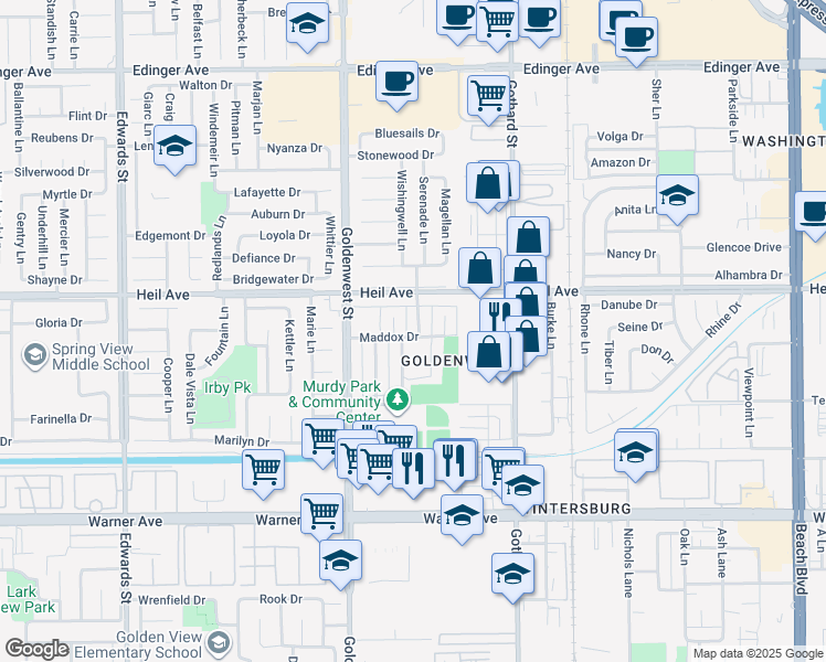 map of restaurants, bars, coffee shops, grocery stores, and more near 16666 Tunstall Lane in Huntington Beach