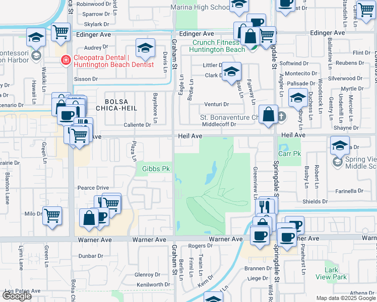 map of restaurants, bars, coffee shops, grocery stores, and more near 5542 Fernhill Circle in Huntington Beach